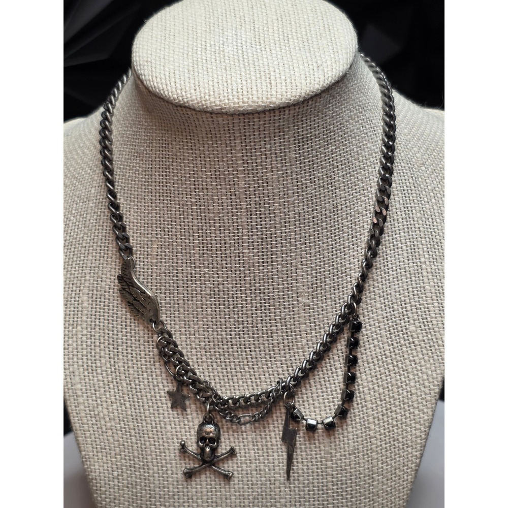 Gothic Skull Crossbones Lightning Bolt Wing Charm Necklace Gunmetal Black Stone
